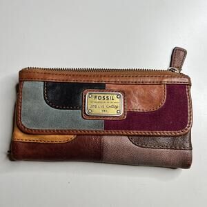 Fossil Wallet Womens One Size Multicolor Leather Suede Patchwork Zip Around